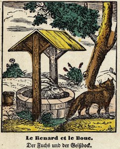 Fabeln von La Fontaine: Der Fuchs und das Gute. Bild von Epinal, erste Hälfte des 19. Jahrhunderts von French School
