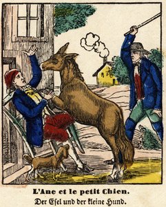 Fabeln von La Fontaine: Der Esel und der kleine Hund. Bild von Epinal, erste Hälfte des 19. Jahrhunderts.