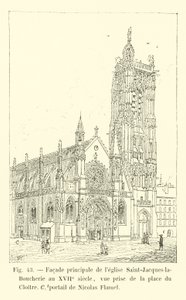 Hauptfassade der Kirche Saint-Jacques-la-Boucherie im 17. Jahrhundert, Ansicht vom Platz des Klosters, Portal von Nicolas Flamel von French School