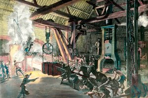 Fabrik: „Der Hämmerer der Schmieden von Le Creusot im Jahr 1865“ Gravur um 1865. Private Sammlung von French School