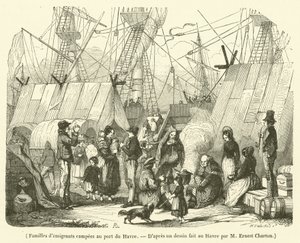 Familien von Auswanderern im Hafen von Le Havre (Gravur)