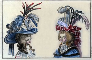 Mode 18. Jahrhundert: Frisuren und Hüte französischer Frauen um 1787.