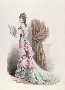 Modeplatte einer Frau im Abendkleid mit Fächer, 1877 (Farbstich)