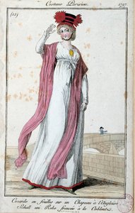 Mode unter dem Direktorium: elegante junge Frau in einem Pariser Anzug: Kokarde aus Blättern auf englischem Hut, Kleid mit Koblentz-Falten. Anonyme Gravur. 1797 von French School