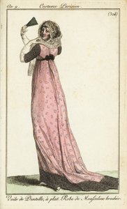 Modische Frau im Spitzen-Schleier, Damast-Musselinkleid