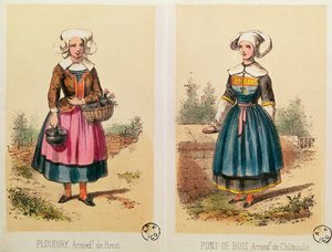 Weibliche Kostüme aus Ploudiry und Pont de Buis, aus Les Costumes Bretons de Sorrieu von French School