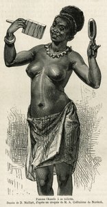 Frau Okanda bei ihrer Toilette, Zeichnung von D. Maillard zur Illustration der Geschichte einer Reise nach Gabun und zum Ogowe-Fluss in den Jahren 1875-1877 von Alfred Marche. Gravur in Le Tour du monde von French School