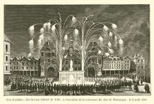 Feuerwerk, abgefeuert vor dem Hotel de Ville, anlässlich der Geburt des Herzogs von Burgund, am 8. August 1682
