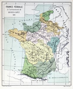 Feudales Frankreich zur Zeit der Thronbesteigung von Hugues Capet im Jahr 987, Karte illustriert in einer Histoire de France ca. 1880