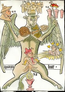 Figur, die den Evangelisten Lukas symbolisiert: ein Stier, der mit der Stadt Jericho (oder Jerusalem) assoziiert wird, eine Traube, ein Prophet, der Christus des Jüngsten Gerichts erscheint mit Sternen und Sonnenstrahlen, ein Porträt eines Juden, ein Kelch