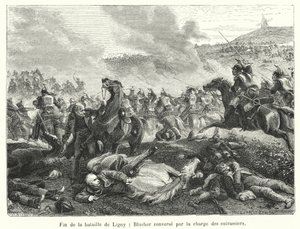 Ende der Schlacht von Ligny, Blücher wird von der Kürassierladung umgeworfen (Gravur) von French School