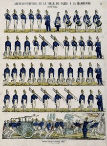 Feuerwehr der Stadt Paris bei einer Übung - Bild von Epinal, circa 1852