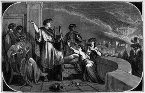 Brand von Rom durch Nero. Zwischen dem 18. und 24. Juli 64 wurde die Stadt Rom durch ein großes Feuer verwüstet, das angeblich von Kaiser Nero verursacht wurde, um die Christen zu beschuldigen und zu verfolgen. Gravur in „Histoire des Papes-Rois-Reines und von French School