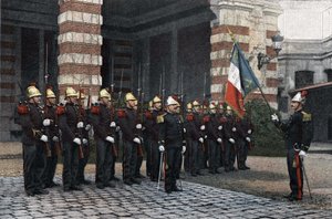 Feuerwehrleute von Paris. Salut zur Flagge. in „Album militaire scene de la vie du soldat, firemen de Paris“ 1892.