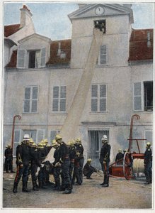 Feuerwehrleute von Paris. Die Rettung hat Vorrang. Das Klettern, um in die Nähe der Katastrophen zu gelangen, erfolgt sofort mittels Haken, Stuhlknoten oder des Rettungssacks, der vom Pumpenleiter und dem ersten Diener montiert wird. Die Pioniere unten unt