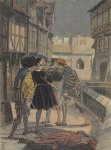 Florentiner Goldschmied und Bildhauer Benvenuto Cellini, umgeben und bedroht von einer Gruppe von Männern (Farblithografie)