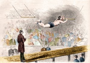 Fliegende Trapeznummer des französischen Akrobaten Jules Leotard (1839-1870) im Cirque de Napoleon (heute Cirque d