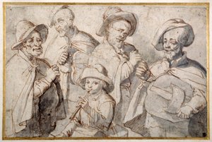 Vier Drehleierspieler und ein Junge mit einer Pfeife, ca. 1650-99 von French School