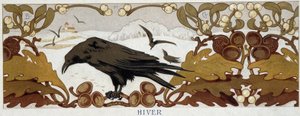 Vier Jahreszeiten, Winter: Rabe auf einer Eiche - Chromolithographie, Ende des 19. Jahrhunderts