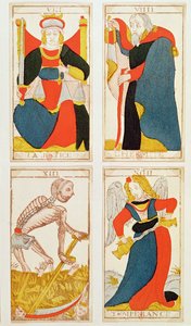 Vier Tarotkarten, die Gerechtigkeit, Mäßigkeit, Tod und Der Einsiedler darstellen (farbiger Holzstich)