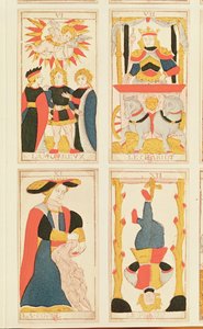 Vier Tarotkarten, die Die Liebenden, Der Wagen, Stärke und Der Gehängte darstellen (farbiger Holzstich)