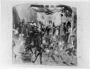Fr 2646 f.176 Bal des Ardents, Karl VI (1380-1422) wird von der Herzogin von Berry gerettet, nachdem Louis von Orleans die Kostüme der Tänzer in Brand gesetzt hat, aus Froissarts Chronik, 1392