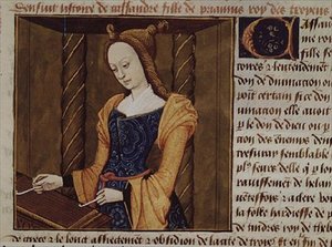 Fr 599 f.29 Kassandra spielt eine Zither, aus `Des Cleres et Nobles Femmes` von French School