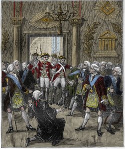 Freimaurerei im Hotel de Soisson in Paris im Juni 1745: Freimaurerzeremonie unterbrochen durch das Eintreffen eines Polizeikommissars. Gravur in „Paris a travers les siècles“, Gourdon de Genouillac 1880. von French School
