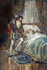 Franz I., König von Frankreich, empfängt die letzten Atemzüge von Leonardo da Vinci in Clos Lucé. Chromolithographie um 1890.