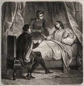 Francoise de Foix, Gräfin von Chateaubriant (ca. 1495-1537), krank, empfängt Clement des Marets genannt Marot (1496-1544), den Diener von Francois I., im Bett. Gravur von 1871 in „Histoire Des Cocuses Celebres“ von Henry de Kock