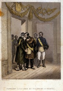 Freimaurerei: Napoleon Joseph Charles Paul Bonaparte, genannt Prinz Jerome oder Plonplon, wird am Eingang des Tempels von Faubourg Saint Marcel identifiziert. Gravur aus „Picturesque Histoire de la Franc Maconnerie et des Societes Secretes Antique von French School