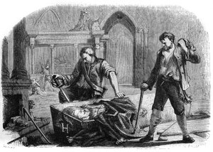Französische Revolution (Konvent): Öffnung des Sarges von König Heinrich IV. (1553-1610) während der Schändung der königlichen Gräber der Kirche Saint-Denis im Jahr 1793. Gravur von 1860.