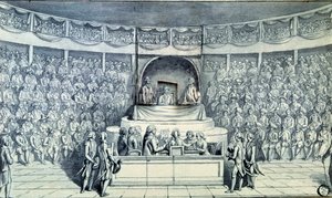 Französische Revolution: König Ludwig XVI. (1754-1793) wird von Antoine Barnave (1761-1793) während seines Prozesses vor dem Nationalkonvent, der über seine Todesstrafe am 21.01.1793 entscheidet, verhört. Anonyme Zeichnung um 1793. Paris, Louvre Museum