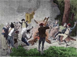 Französische Revolution: „Das Volk verbrannte Claude Chappes Telegraphen im Park von Saint-Fargeau in Menilamount im September 1792, da es glaubte, es sei ein Gerät, um mit der königlichen Familie zu kommunizieren, die im Gefängnis des Tempels eingesperrt 