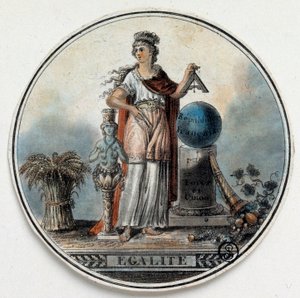 Französische Revolution: Allegorie der Gleichheit als Frau, die ein Quadrat in der Nähe der französischen Republik hält, ein Füllhorn. Ende des 18. Jahrhunderts Paris, B.N.