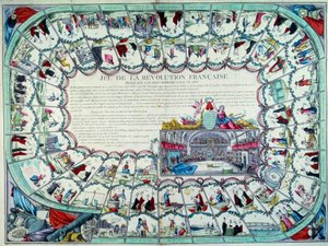 Französische Revolution: Gänsespiel, das die wichtigsten Etappen der Revolution und eine Ansicht der Nationalversammlung darstellt. Ende des 18. Jahrhunderts. Paris, B.N.