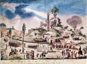 Französische Revolution: das Fest des höchsten Wesens auf dem Marsfeld am 8.06.1794 (20 Prairial An II). Anonyme Gravur des 18. Jahrhunderts. von French School