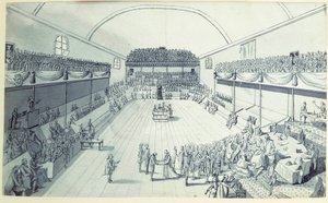Französische Revolution: die Geburt der Verfassung im September 1791 verfasst von Guy Jean-Baptiste Target (1733-1807) im Raum des Jeu de Paume in Versailles, wo die Abgeordneten am 20.06.1789 einen Eid abgelegt hatten. Anonyme Zeichnung um 1791. Paris, Lo von French School