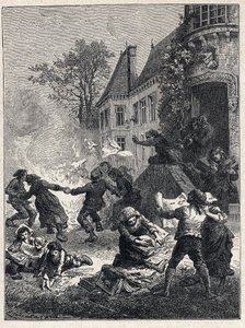 Französische Revolution: Die Bauern verbrannten ihre feudalen Titel und tanzten um das Feuer, um die Abschaffung der Privilegien im August 1789 zu feiern. Gravur von 1889. Private Sammlung