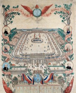 Französische Revolution: Ansicht des Festes der Nationalen Föderation am 14.07.1790 auf dem Marsfeld. Gravur von 1790. Paris, Nationalarchiv