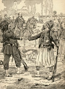 Französische und sardische Soldaten schütteln sich die Hände, um ihren Sieg gegen die Österreicher nach der Schlacht von Palestro, Italien, zu feiern
