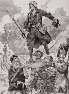 Französisches Propagandaposter mit dem Titel "On Les Aura", oder Wir werden sie haben. Vier Soldaten aus verschiedenen historischen Epochen tragen einen verwundeten, aber trotzigen Soldaten des Ersten Weltkriegs auf einem Schild. Aus Agenda Buvard du Bon M von French School