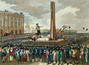 Französische Revolution: Hinrichtung von König Ludwig XVI. (1754-1793) durch die Guillotine, der Henker präsentiert seinen abgetrennten Kopf. Gravur nach einer Zeichnung von Fious. 18. Jahrhundert. Paris, Musee Carnavalet