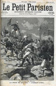 Französische Soldaten im Sudan: Mai 1898. Plünderung von Sikasso durch Oberst Audeoud (Sudan). Die Eroberung von Sikasso. Titelblatt von „Le petit Parisien“ vom Juni 1898
