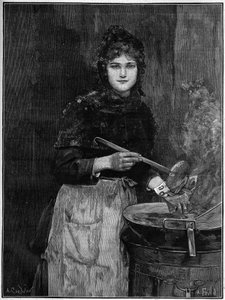 Pommes-Frites-Händler; Gravur von 1888 nach dem Gemälde von Achilles Foald. von French School