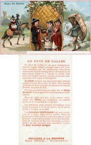 Vorder- und Rückseite einer Werbekarte für das Getränk Chicorée à la Bergère mit Darstellungen des Lebens in Wales, ca. 1890