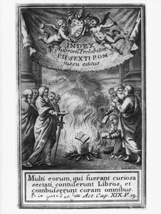 Frontispiz des Index Librorum Prohibitorum, das ein Auto-da-fé darstellt, 1786