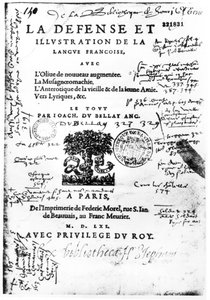 Frontispiz von La Defense et Illustration de la Langue Francaise von Joachim du Bellay, gedruckt von Federic Morel in Paris 1561 (gedrucktes Papier mit Feder und Tinte) von French School