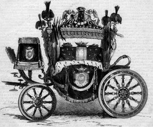 Leichenwagen, der während der Beerdigung von Prinz Jerome Bonaparte (1784-1860) verwendet wurde. Gravur in „Le Monde Illustré“ Nr. 169 vom 7. Juli 1860.