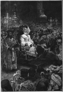 Beerdigung von Joachim II. (1791-1878): der Leichnam des ökumenischen Patriarchen von Konstantinopel wird in der patriarchalen Kirche in Phanar ausgestellt. Er ist in seine priesterlichen Gewänder und eine Mitra gekleidet. Gravur in „Le Monde Illustré“ Nr.
